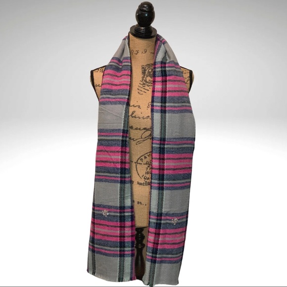 Betsey Johnson Large Multicolor Plaid Embellished Scarf with Fringe Border 76x30 - Picture 4 of 8